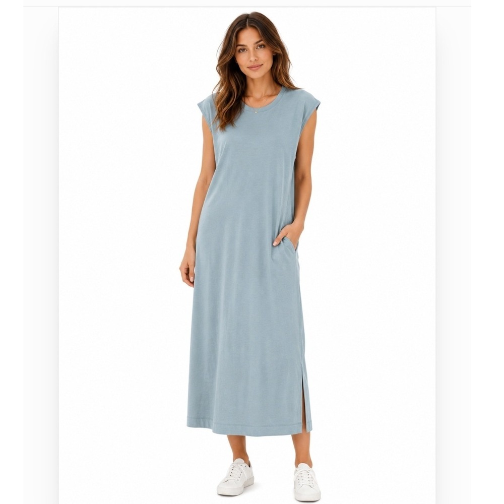 Zenana French Terry Sleeveless Round Neck Midi Dress Large Dusty Teal Pockets